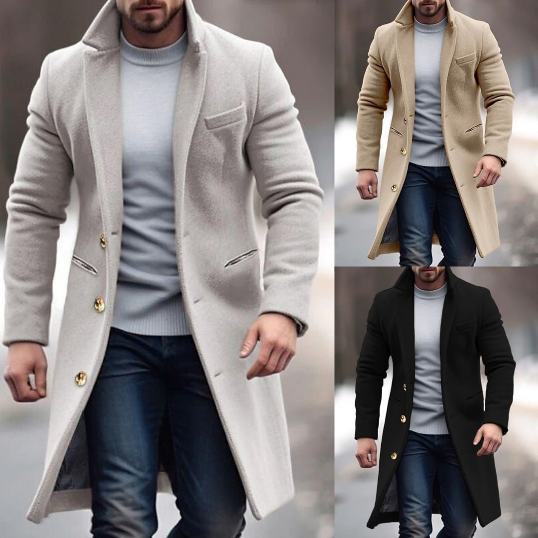 Robert Manteau Mand Vinter – Lang Elegant med Praktiske Lommer, Knapper & Tætsiddende Snit