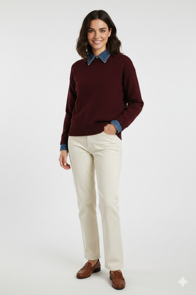 Giana Elegant Kvinders Sweater – Blød Strik med Denim Effekt Krave & Manchetter