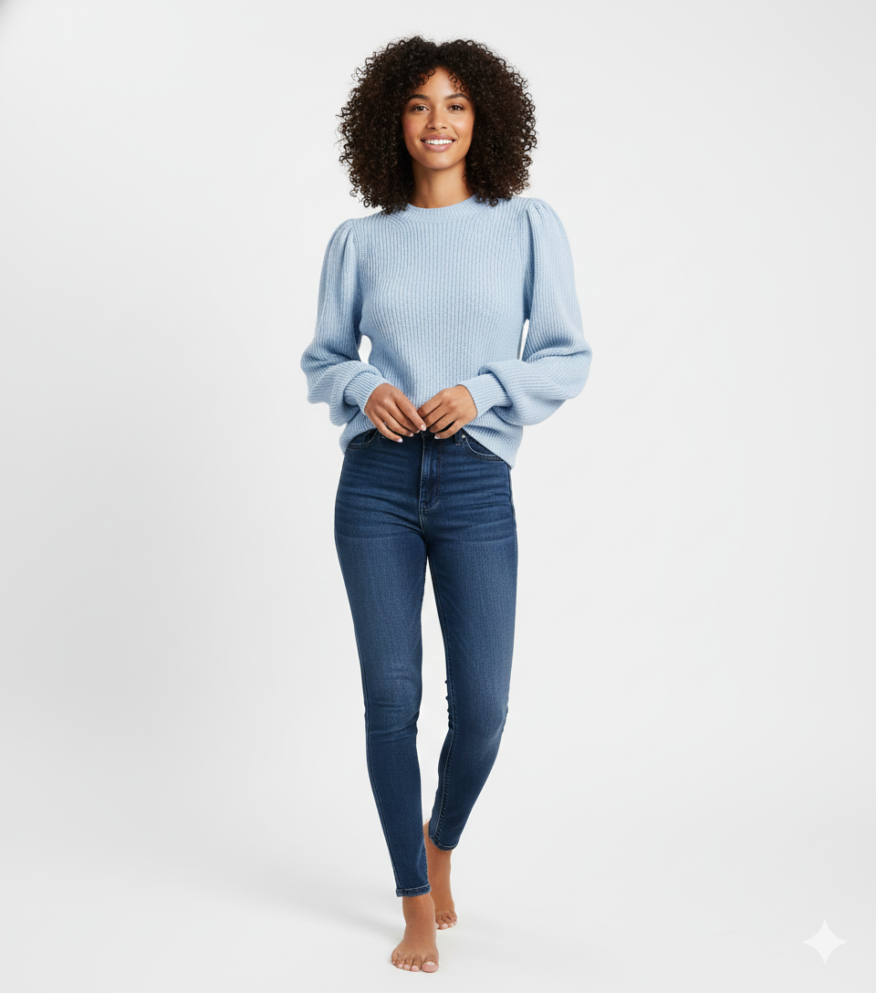 Amely Kvinders Ribbet Strik Sweater – Elegant Sweater med Puffærmer og Rund Hals