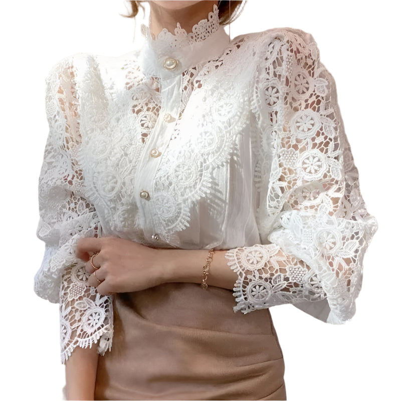 Blomsterbluse med hul blonder til kvinder