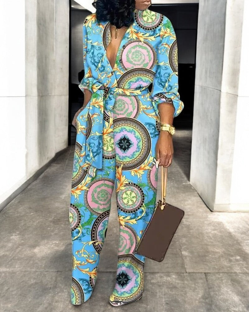 Modeprint V-hals med høj talje Jumpsuit