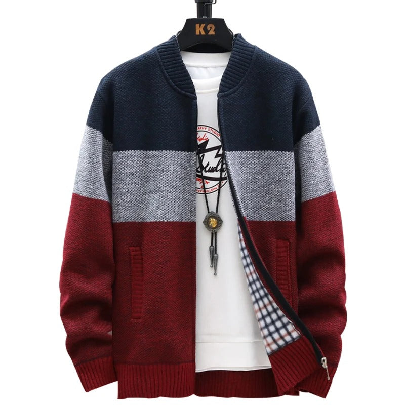 Fleece-cardigan med kontraststriber til mænd