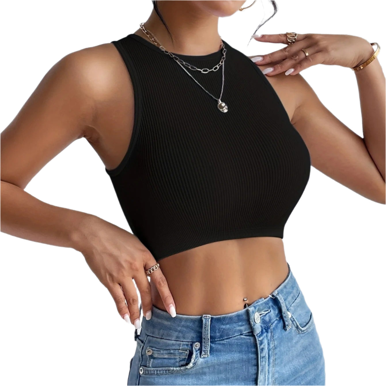 Ribbet ærmeløs elastisk crop top til kvinder