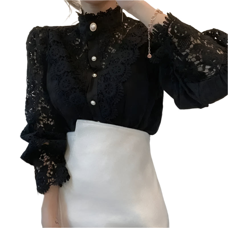 Blomsterbluse med hul blonder til kvinder