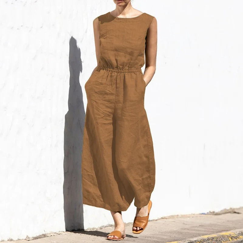 Jumpsuit med høj talje i bomuld og hør til kvinder