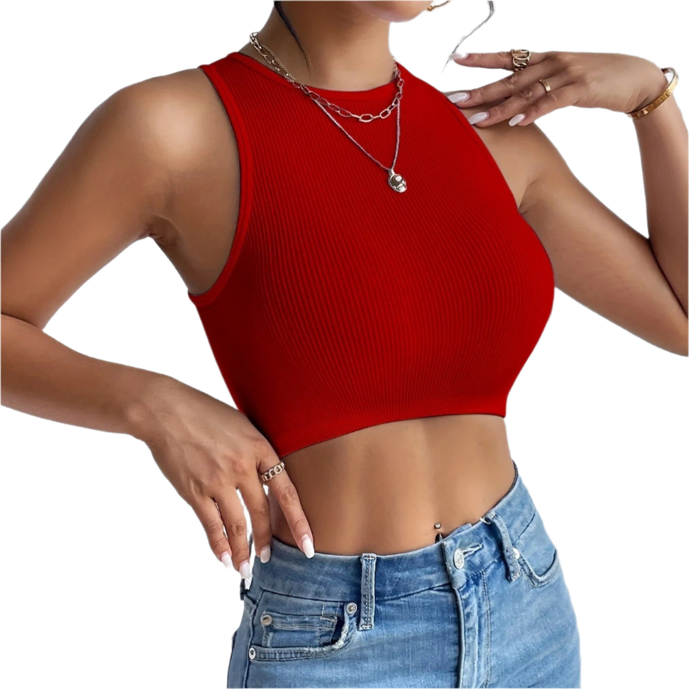 Ribbet ærmeløs elastisk crop top til kvinder