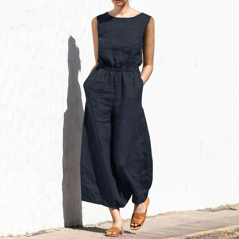 Jumpsuit med høj talje i bomuld og hør til kvinder