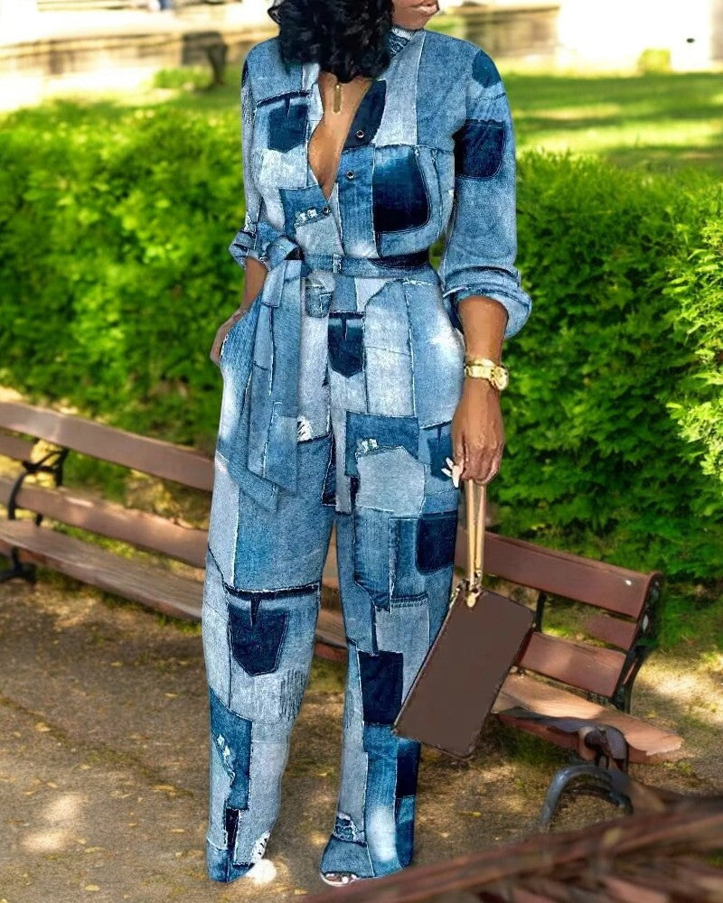 Modeprint V-hals med høj talje Jumpsuit