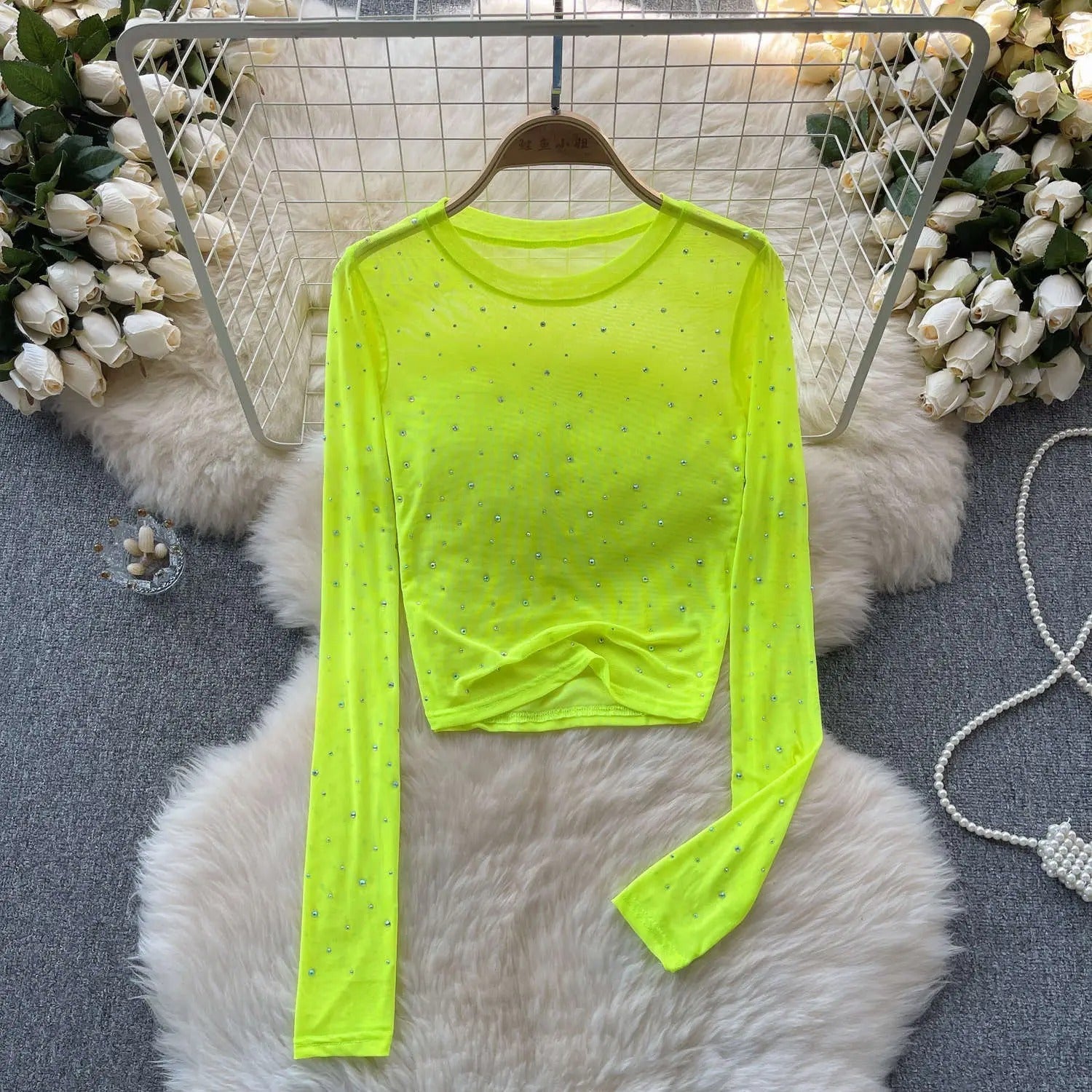 Dame Rhinestone Mesh langærmet Crop Top