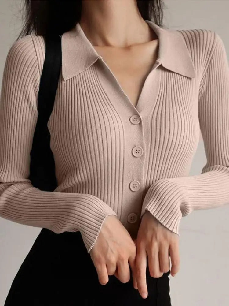 V-hals strikket slim cardigan til kvinder