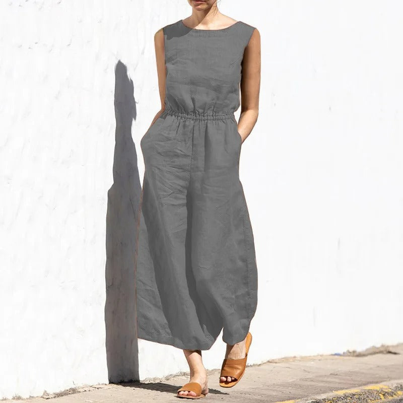 Jumpsuit med høj talje i bomuld og hør til kvinder