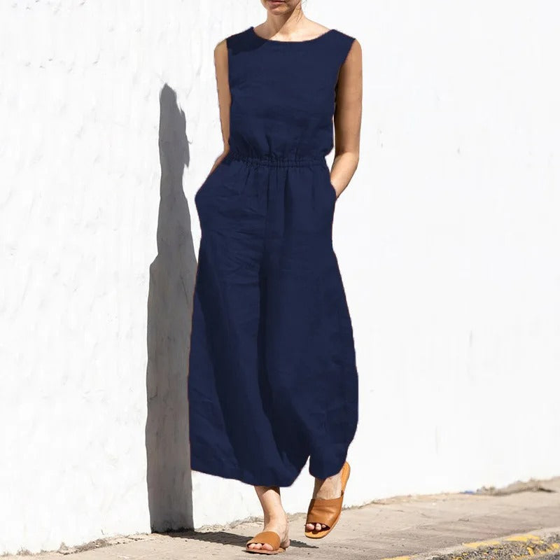 Jumpsuit med høj talje i bomuld og hør til kvinder