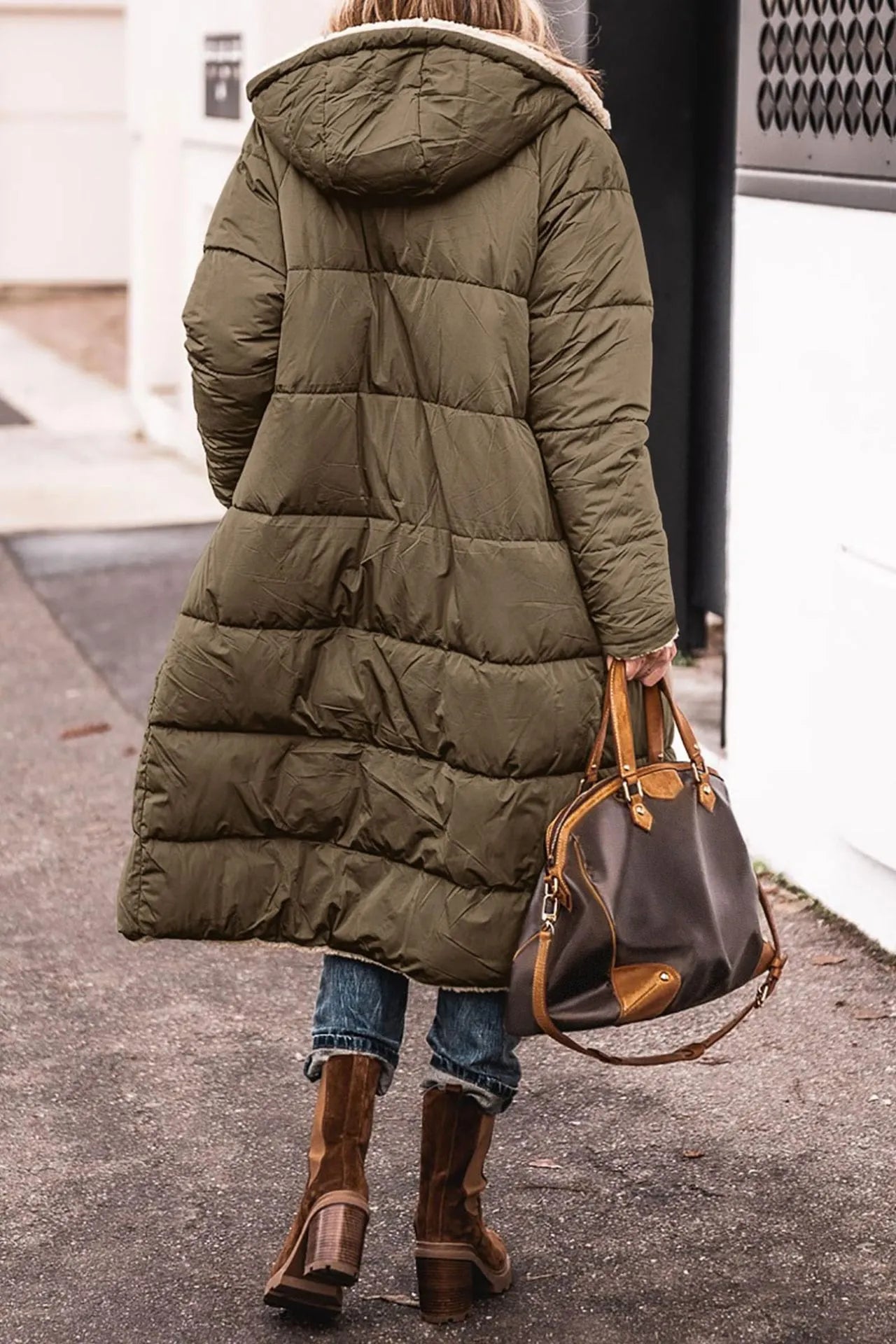 Dame Puffer Jakke Lang Sort Pelsfor Polyester Elegant Vinterjakke