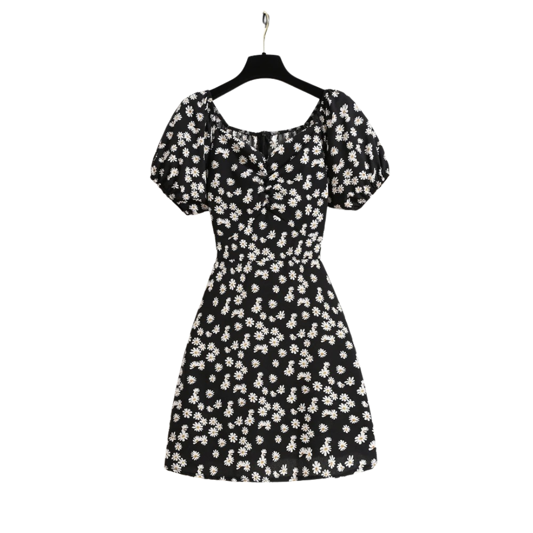 Blomsterchiffon-minikjole med pufærmer til kvinder