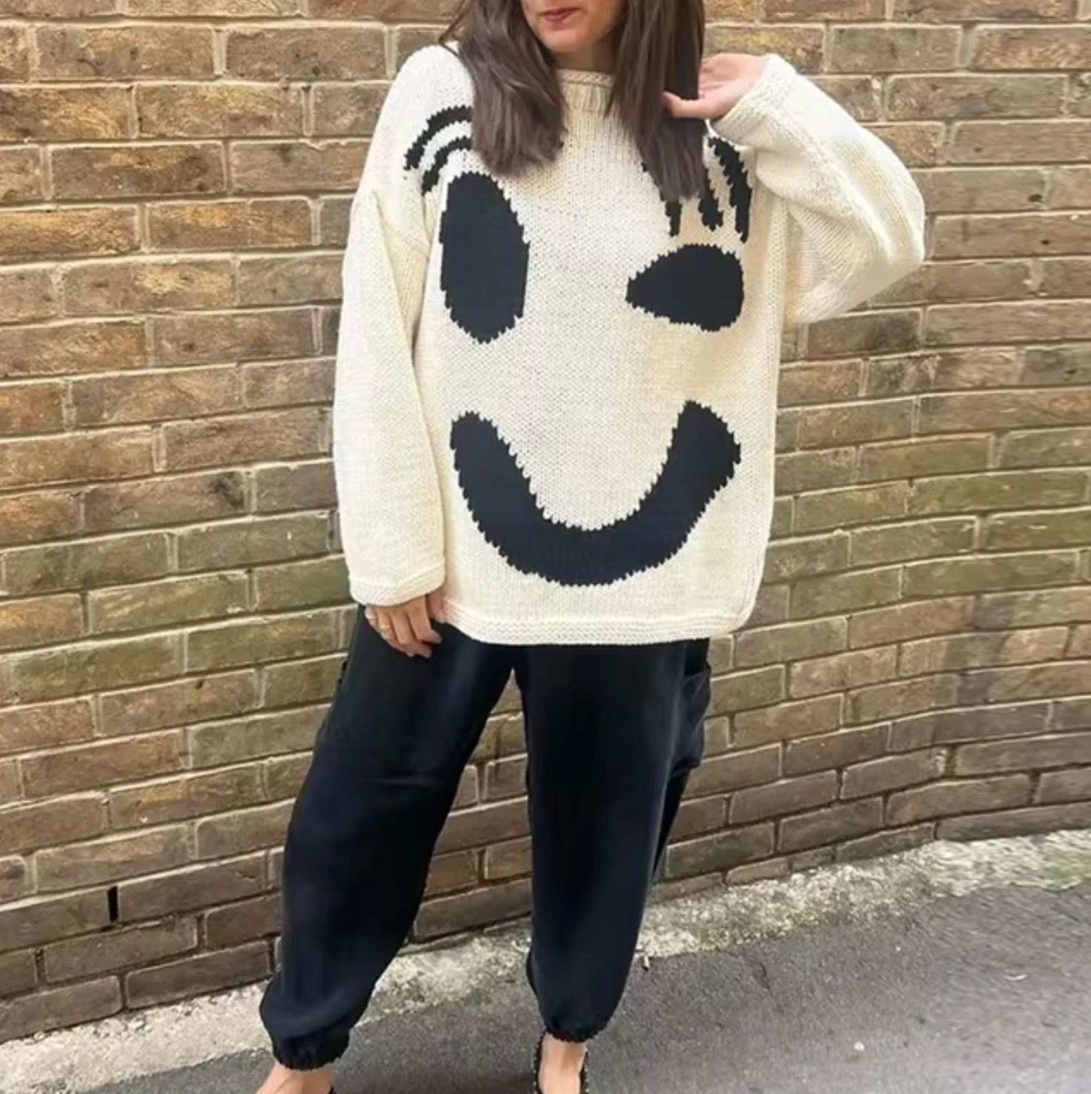 Fay Oversize Bohemian Kvinders Sweater – Blød Bomulds Sweatshirt med Trendy Smile Mønster